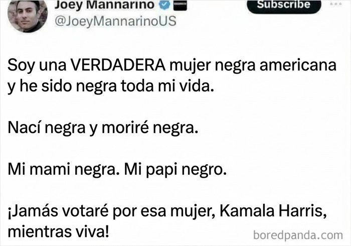 Tuit falso de un hombre blanco que pretende ser mujer negra, un ejemplo de mentirosos pillados en internet.