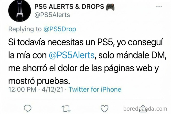 Publicación falsa en Twitter donde usuarios mentirosos recomiendan una cuenta para comprar consolas.