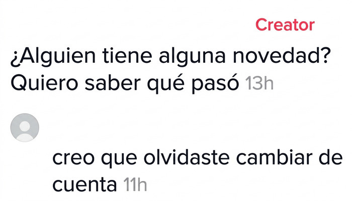 Conversación de red social donde exponen a mentirosos pillados que olvidaron cambiar de cuenta.