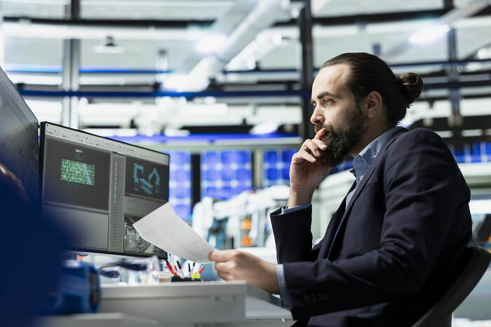 Ingeniero analizando datos en pantallas sobre industrias que están a punto de colapsar.