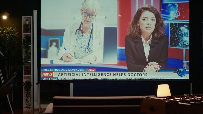 Presentadora de noticias hablando sobre IA, un cambio para industrias que están a punto de colapsar.