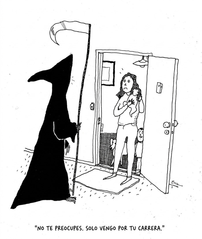 La muerte visitando a una madre en su puerta, ilustraciones ingeniosas sobre la vida moderna