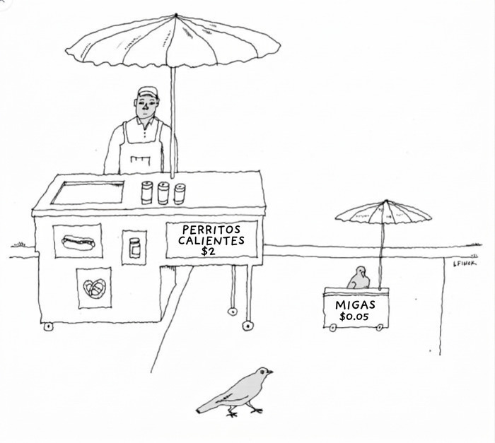 Puesto de comida para humanos y otro para palomas, ilustraciones ingeniosas sobre la vida moderna