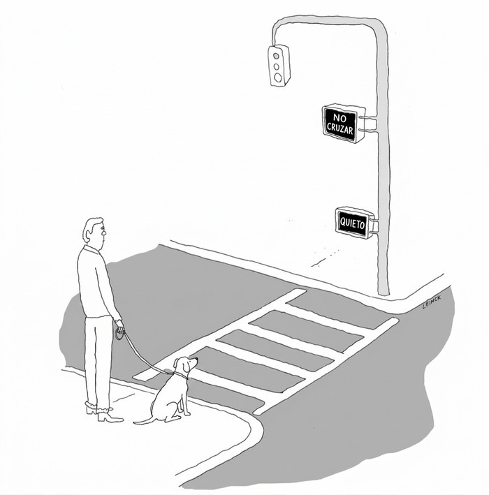 Hombre paseando a su perro frente a un semáforo interactivo, ilustraciones ingeniosas sobre la vida moderna