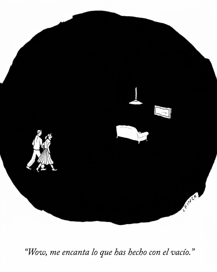 Pareja contemplando una sala vacía en la oscuridad, ilustraciones ingeniosas sobre la vida moderna