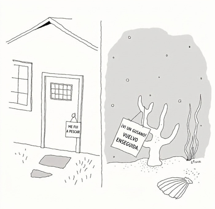 Dibujo de una casa y un coral bajo el agua, ilustraciones ingeniosas sobre la vida moderna