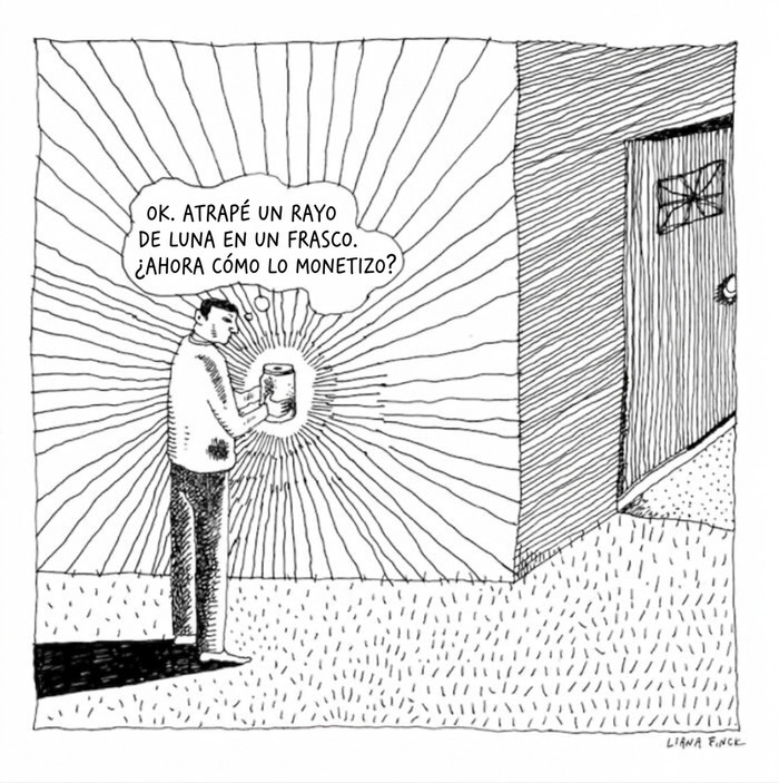 Hombre sosteniendo un frasco con luz de luna en ilustraciones ingeniosas sobre la vida moderna
