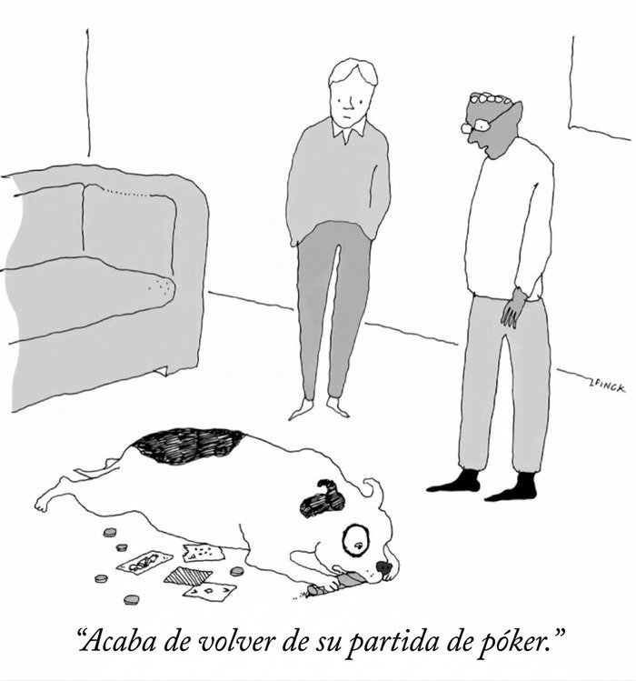 Ilustraciones ingeniosas sobre la vida moderna con dos hombres mirando a un perro que jugó al póker