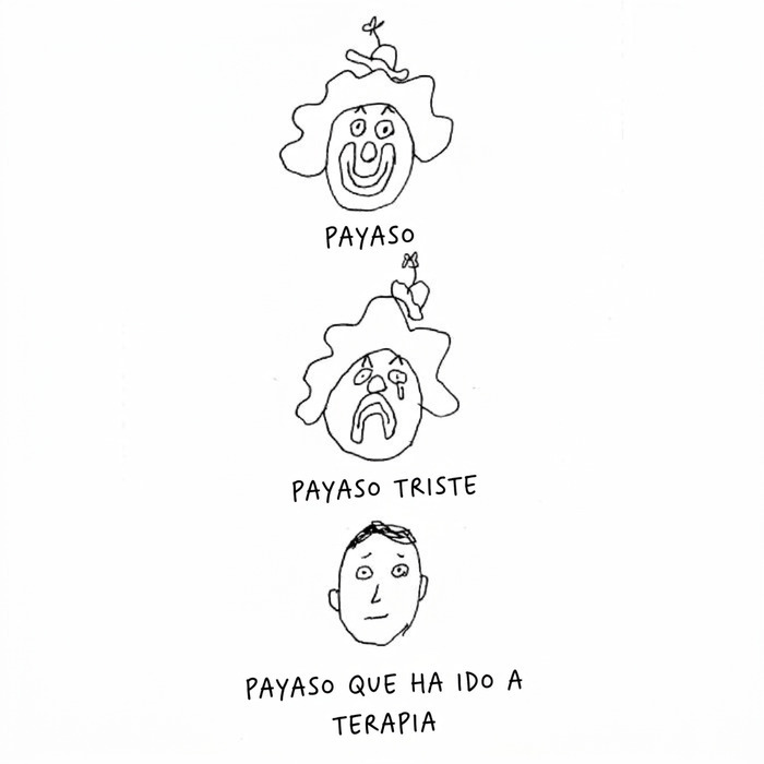 Ilustraciones sobre la vida moderna con un dibujo de la evolución de un payaso en terapia