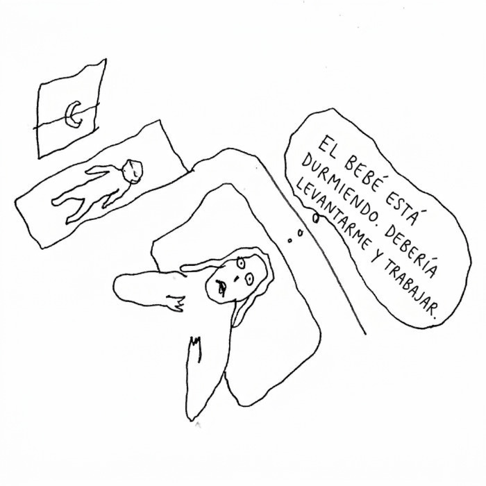 Ilustración de una madre cansada pensando en trabajar mientras el bebé duerme, retrato de la vida moderna