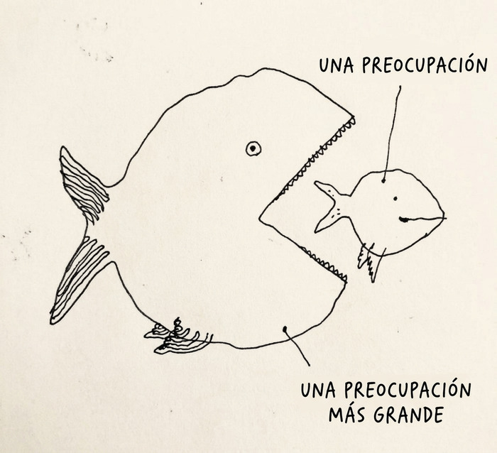 Ilustración de un pez grande comiendo a otro pequeño que representa las preocupaciones de la vida moderna