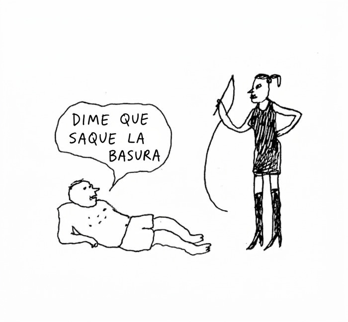 Caricatura de pareja con texto sobre tareas del hogar, ilustrando humorísticamente la vida moderna