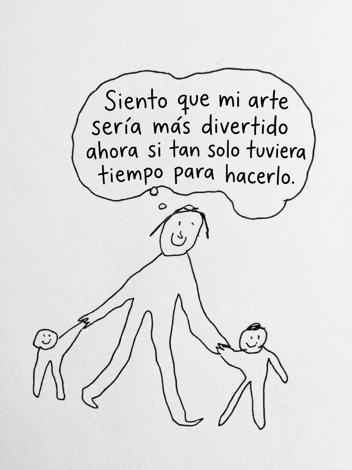 Madre con sus hijos pensando en su arte, parte de las ilustraciones ingeniosas sobre la vida moderna.
