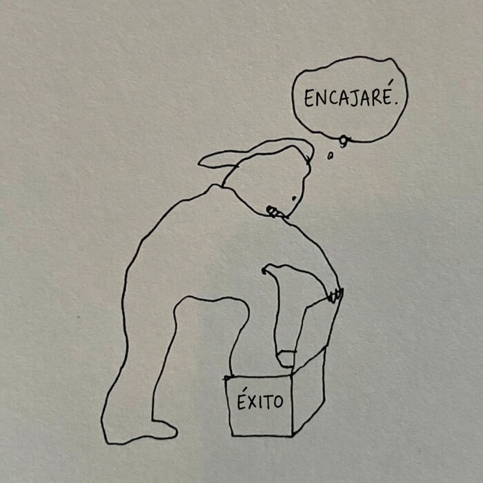 Persona intentando meterse en una caja que dice éxito, representando ilustraciones ingeniosas sobre la vida moderna.