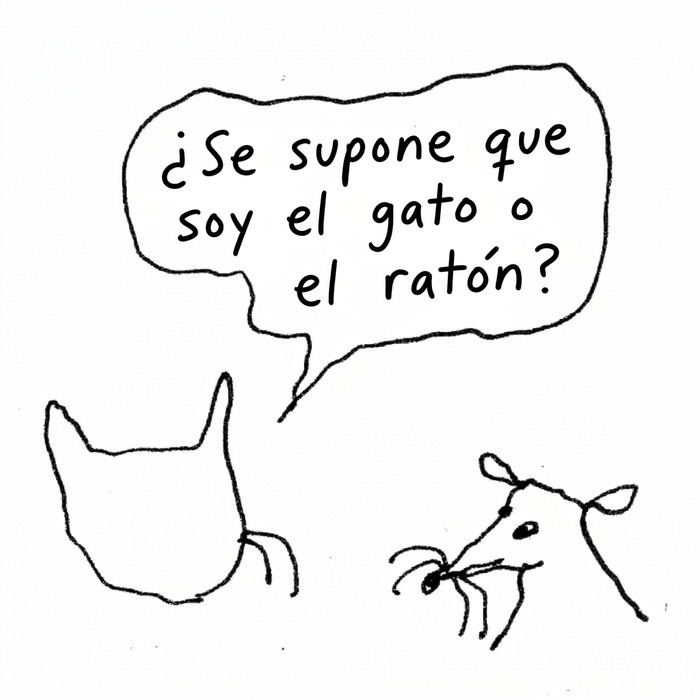 Dibujo de un gato y ratón con texto ingenioso, un ejemplo de ilustraciones ingeniosas sobre la vida moderna.