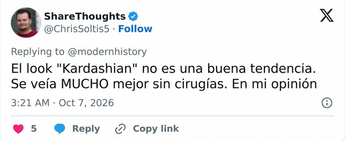 Opini&oacute;n en X sobre la tendencia Kardashian y cirug&iacute;as, aludiendo al nuevo aspecto de Megan Fox