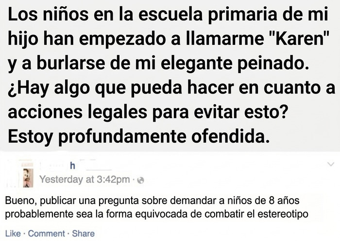 Publicación de Facebook de una madre ofendida porque los niños la llaman Karen.