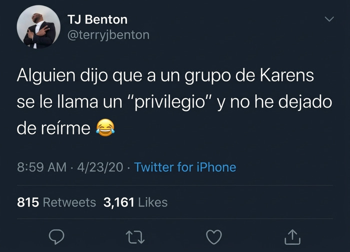 Captura de pantalla de Twitter que define con humor a un grupo de Karens como un privilegio.