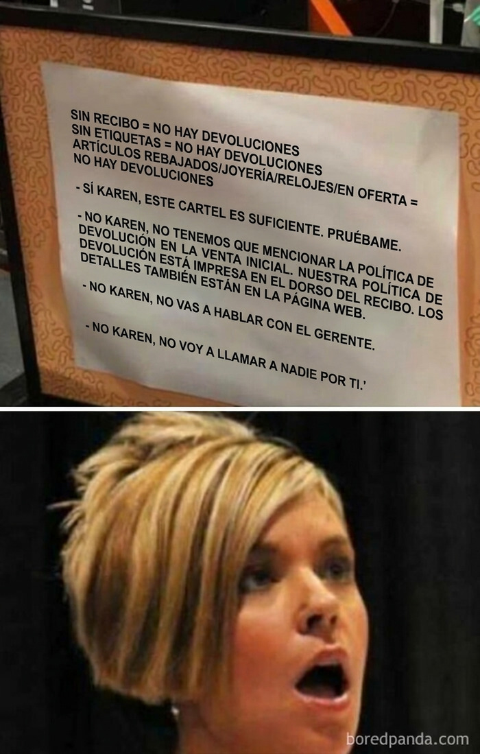 Un cartel de tienda con normas de devolución dirigidas directamente a una Karen
