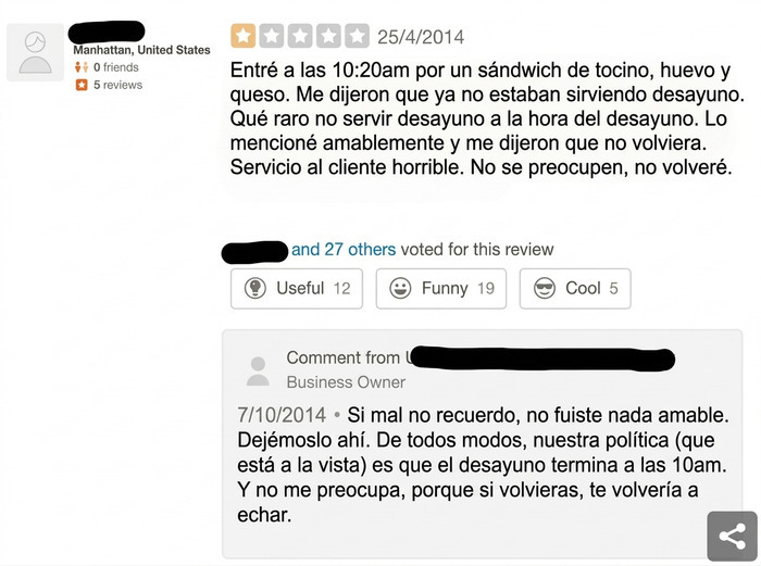 Reseña negativa de una Karen en internet y la respuesta contundente del dueño de un local