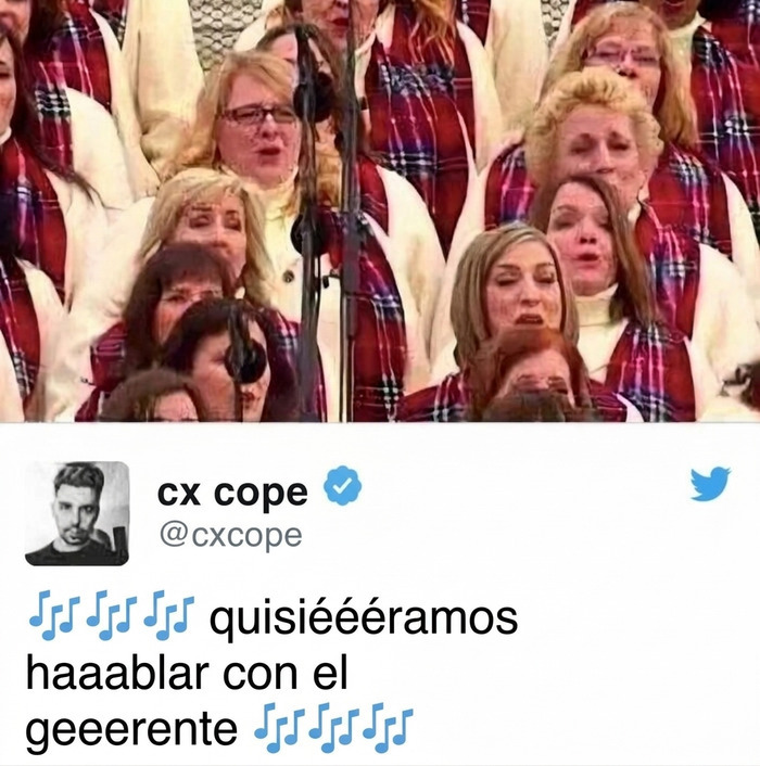 Meme de un coro cantando sobre querer hablar con el gerente, haciendo alusión a las Karens.