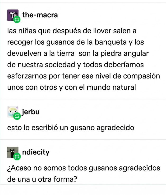 Captura de pantalla de publicaciones reconfortantes en Tumblr sobre niñas bondadosas y gusanos agradecidos.