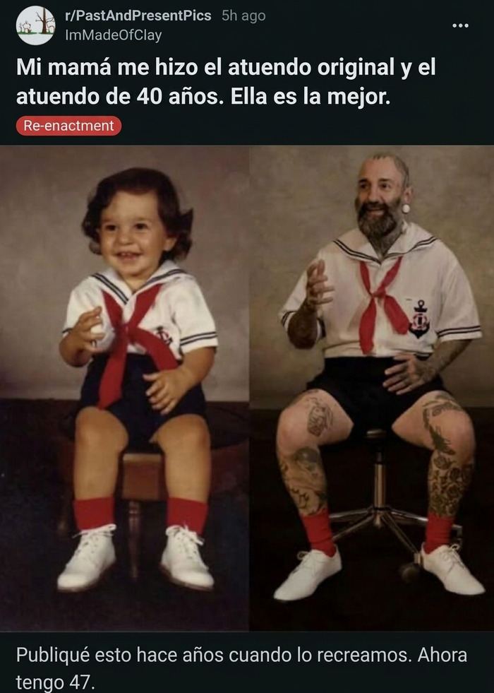 Publicaciones reconfortantes de un hombre recreando su foto de infancia con un traje de marinero hecho por su madre.