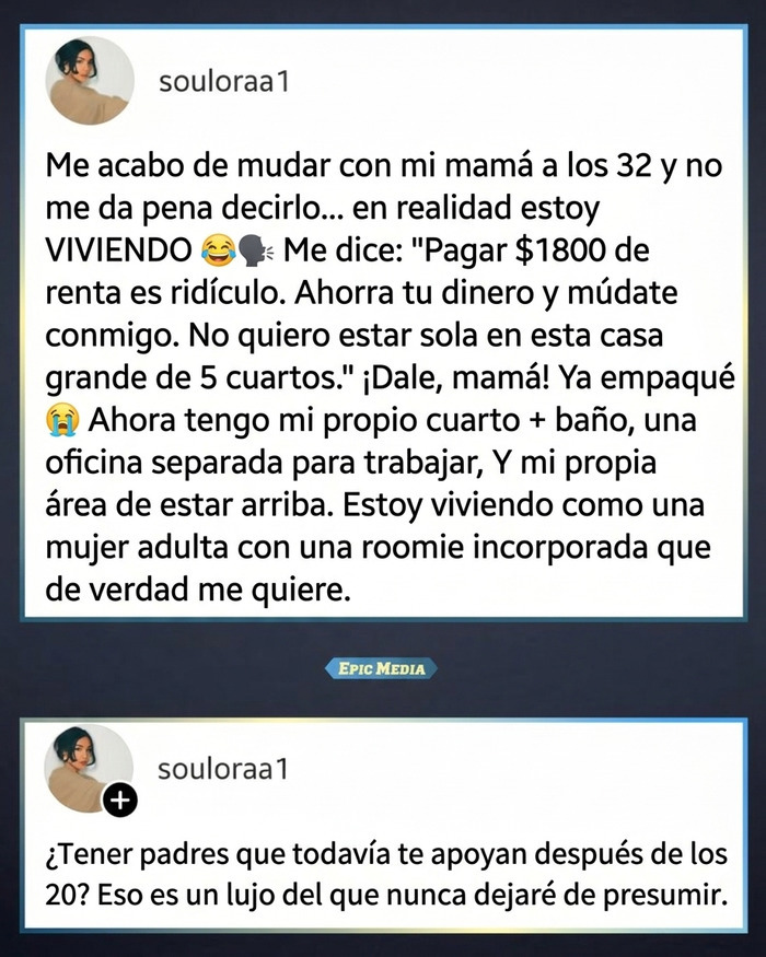 Capturas de pantalla de publicaciones reconfortantes en redes sobre mudarse con los padres.
