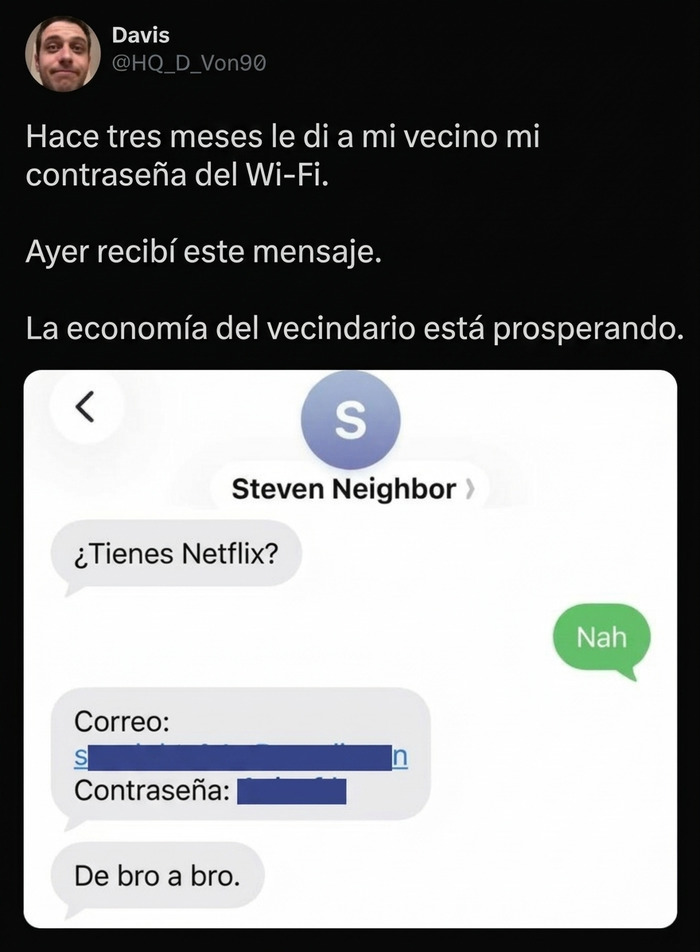 Captura de pantalla de chat con un vecino, una de las publicaciones reconfortantes de internet