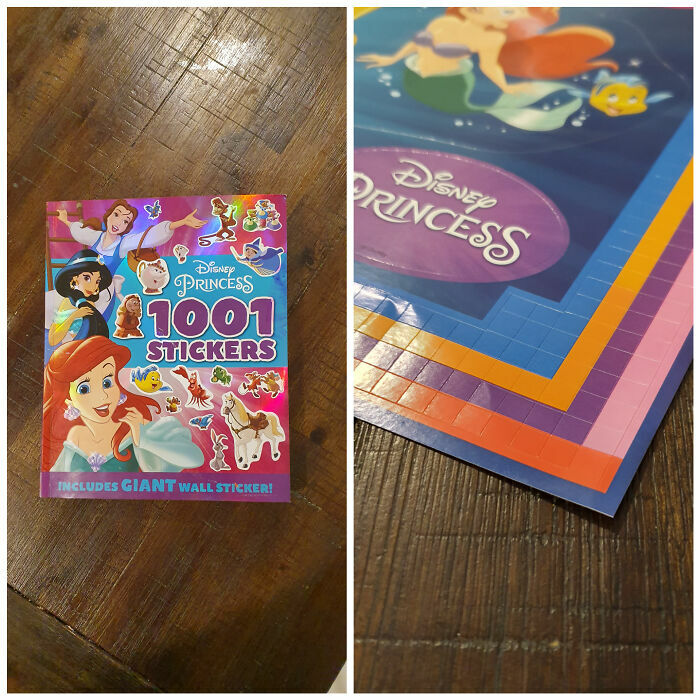 Un libro de stickers con productos mal hechos que confunden por su tamaño