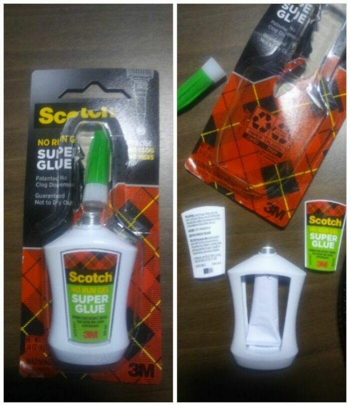 Envase engañoso de pegamento Scotch con diseño ineficiente que oculta un tubo diminuto.