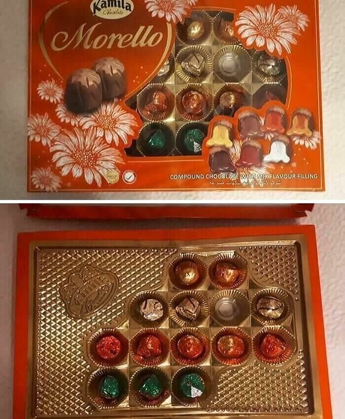 Engaño al consumidor en caja de bombones con diseño tramposo y muchos espacios vacíos.