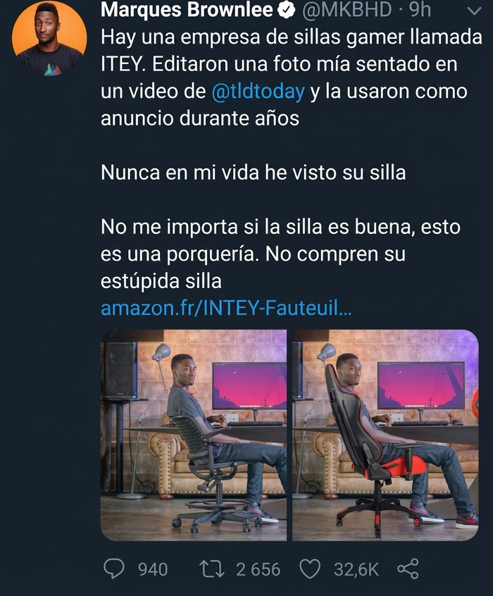 Publicidad engañosa con edición burda en foto de silla gamer usando la imagen de Marques Brownlee.