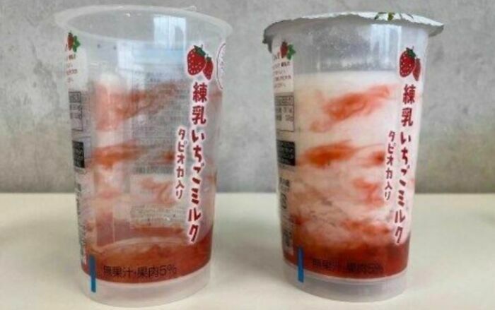 Vasos de fresa con un diseño engañoso y confuso de diseñadores terribles.