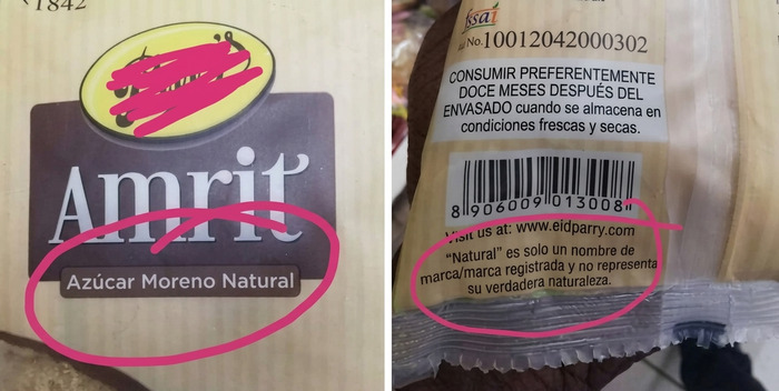 Detalle de un empaque de azúcar moreno natural diseñado por diseñadores terribles.