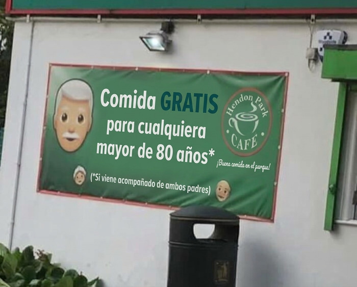 Anuncio de restaurante diseñado por diseñadores terribles con condiciones imposibles para comida gratis