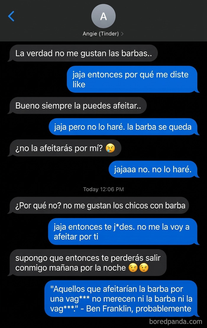 Chat de Tinder que muestra una conversacion absurda con mujeres toxicas sobre el vello facial de un hombre.