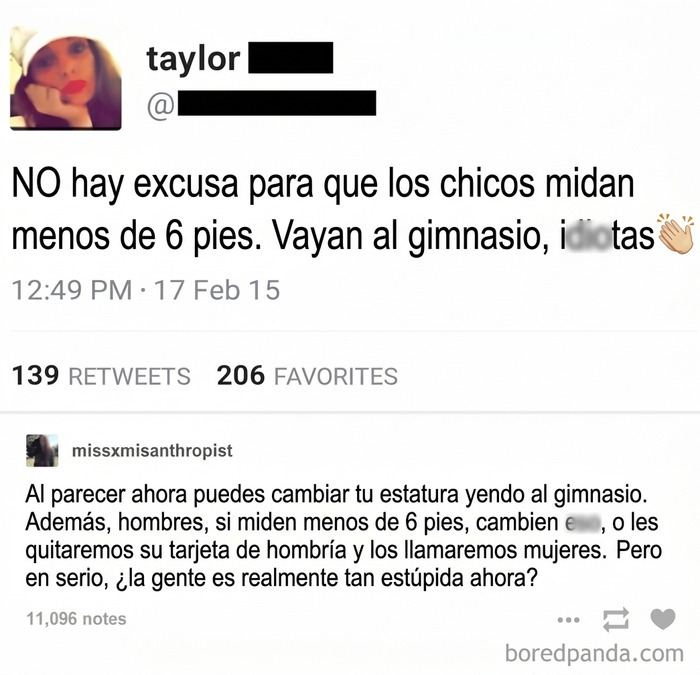 Captura de pantalla de Twitter que muestra comentarios absurdos de mujeres toxicas sobre la estatura de los hombres.