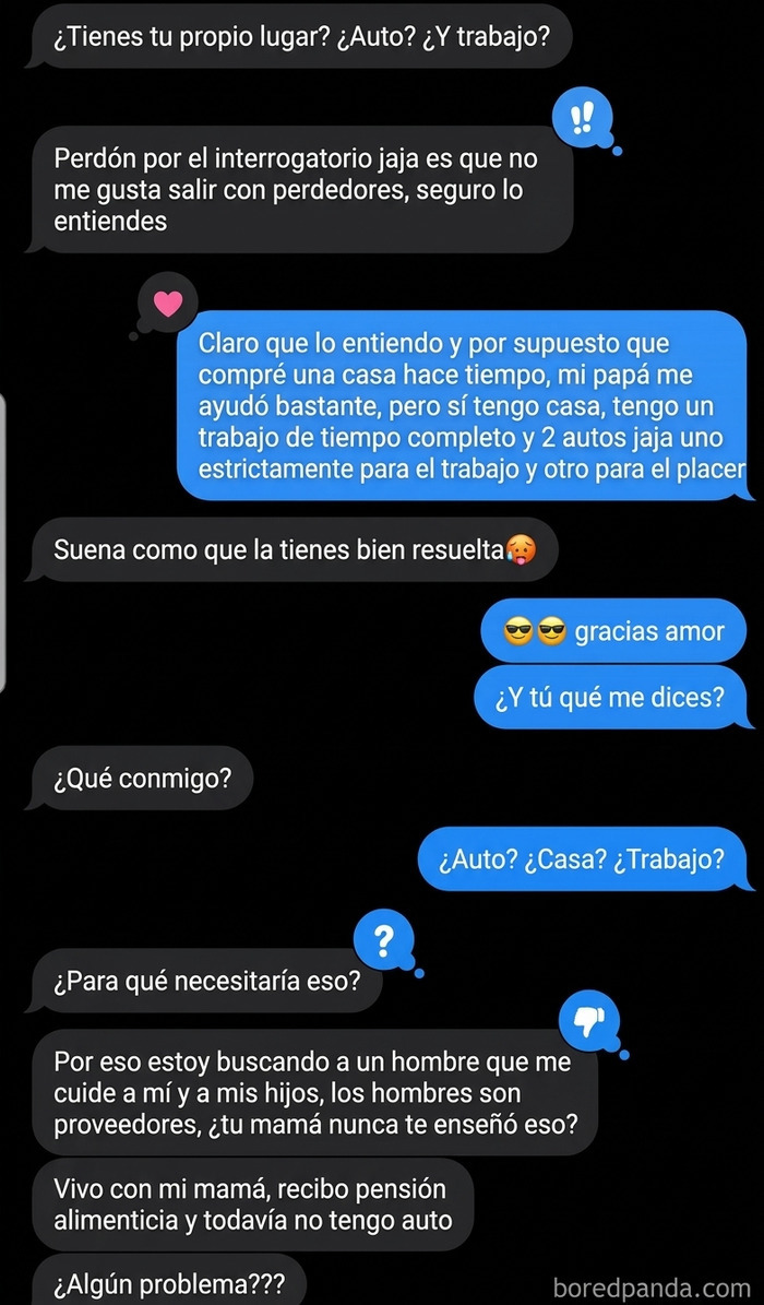 Chat de mensajes donde una mujer muestra conductas de mujeres tóxicas al exigir un hombre proveedor