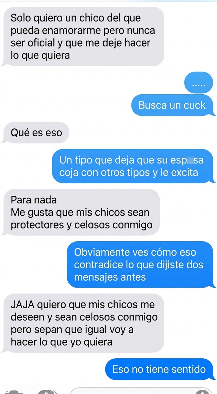 Chat de mensajes contradictorios que ejemplifica mujeres toxicas con exigencias imposibles en su relacion.