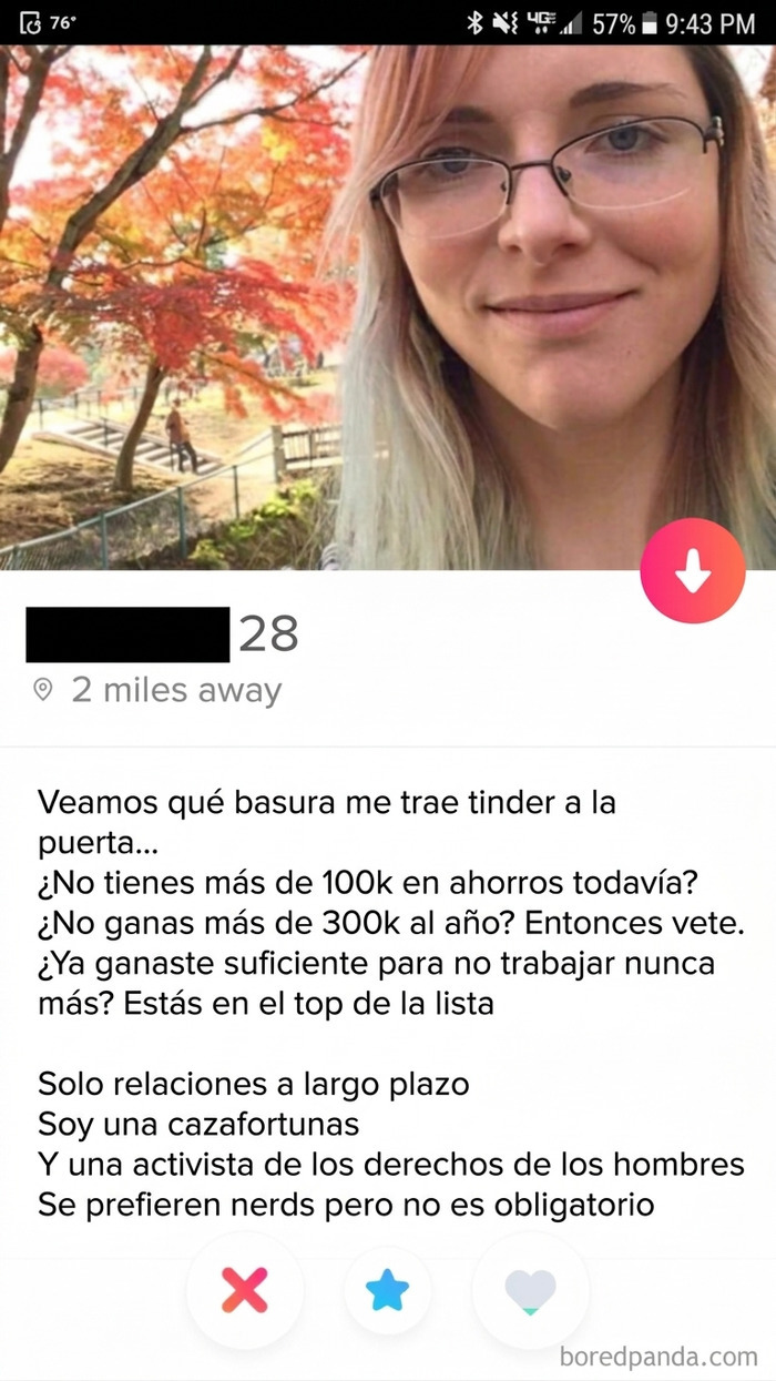 Perfil de Tinder de mujeres toxicas buscando hombres adinerados y declarandose cazafortunas