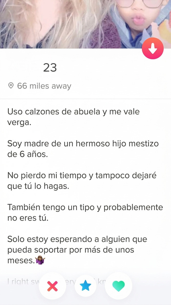 Captura de pantalla de Tinder con un mensaje de mujeres toxicas sobre su tipo de hombre