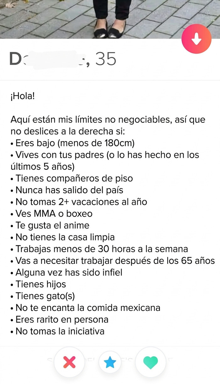 Perfil de Tinder con exigencias de mujeres toxicas para deslizar a la derecha