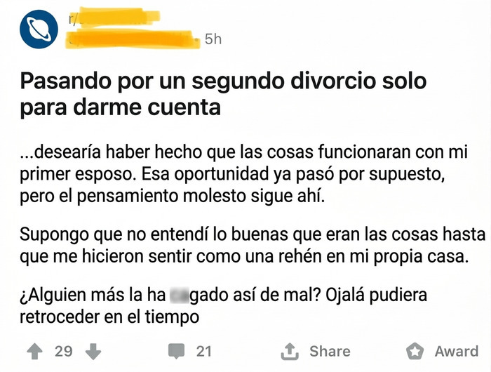 Captura de pantalla sobre arrepentimiento de divorcio de mujeres tóxicas.