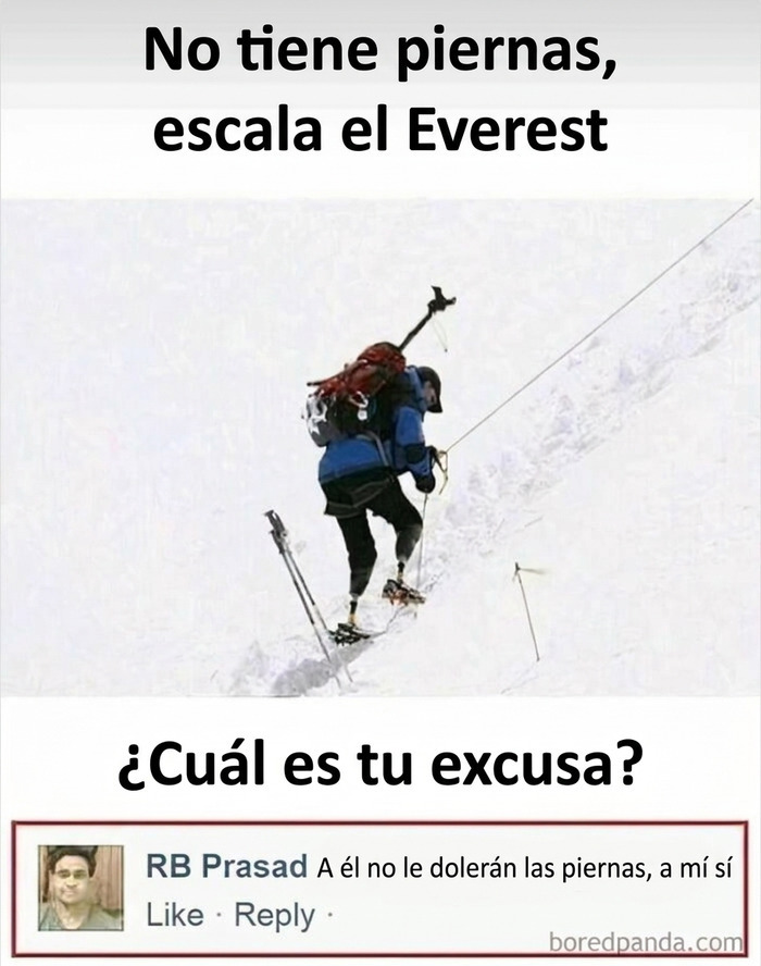 Uno de los memes divertidos sobre un escalador sin piernas en el Everest con una ingeniosa respuesta en comentarios.
