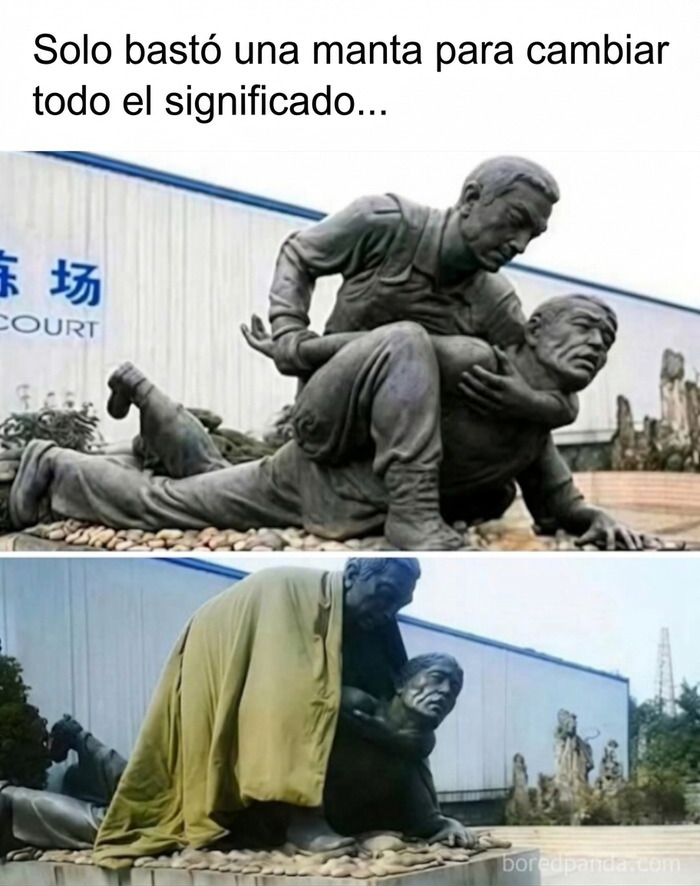 Memes divertidos sobre el cambio de sentido de una estatua con una manta