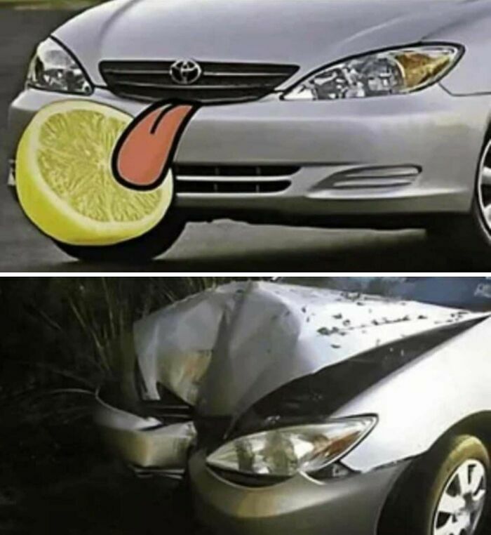 Memes divertidos representados por un coche lamiendo un limon y luego chocado