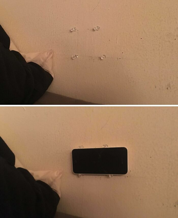 Proyecto casero fallido de soporte de pared para móvil utilizando chinches de plástico