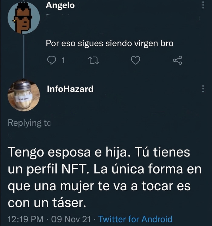Conversación de Twitter que muestra uno de los comentarios más graciosos hacia un perfil NFT.