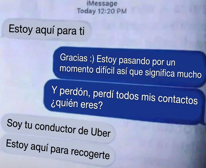 Captura de pantalla de un mensaje de texto cómico entre los comentarios más graciosos de Uber.
